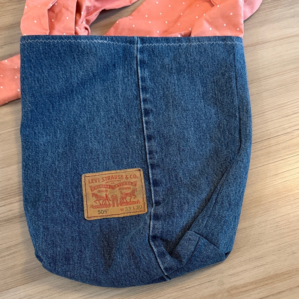 Handmade Denim Pocket Tote Bag with Coral Polka Dot Tie Strap - Picture 2 of 3